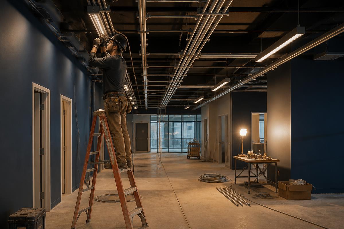 Electrician installing LED lighting during a commercial office build-out