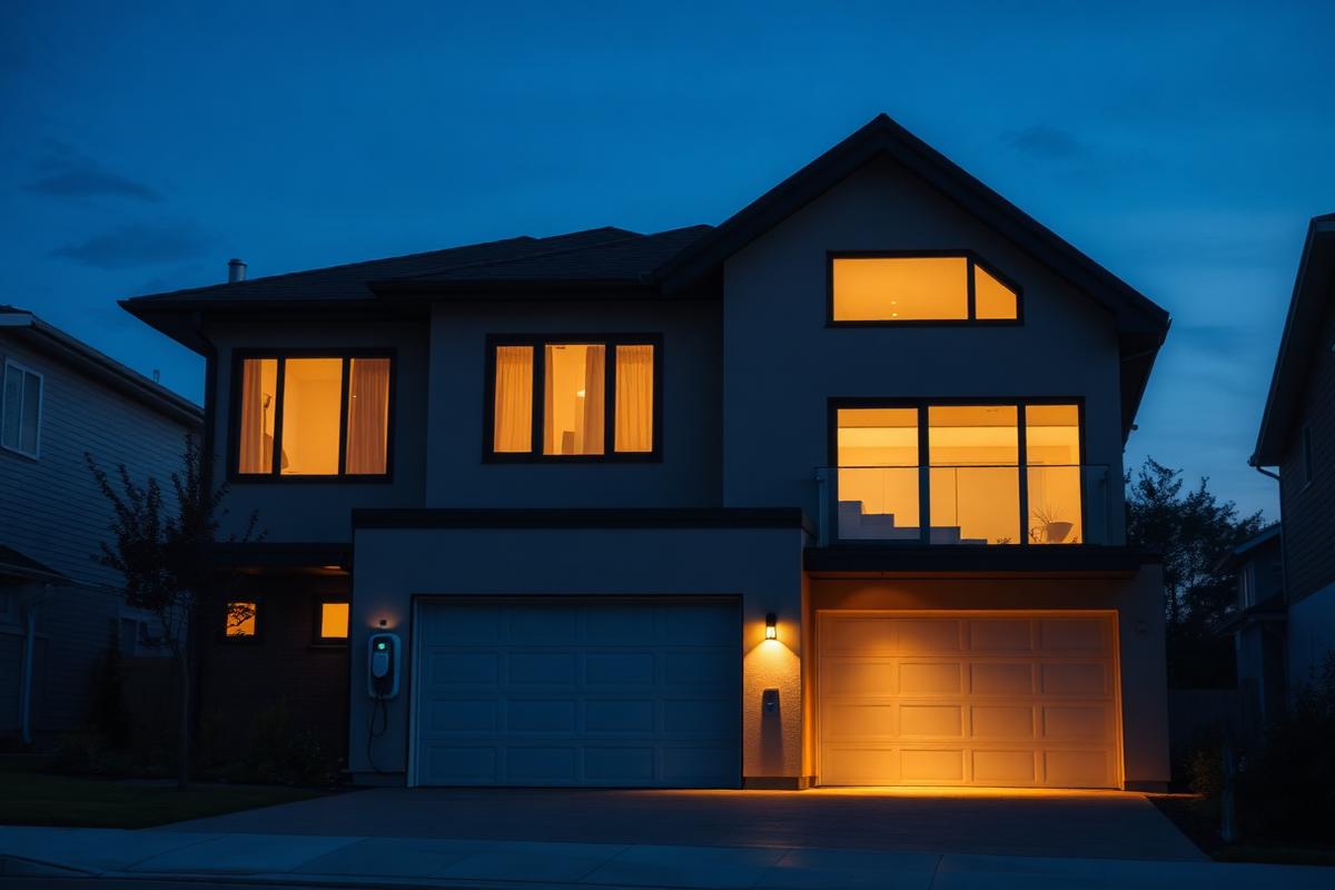 Modern home at dusk with an EV charger installed on the garage wall